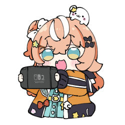 1girl :3 :d animal animal_on_head black_bow blue_dress blue_eyes blush_stickers bow brown_hair brown_jacket chibi commentary cropped_torso dress fang hair_between_eyes hair_bow hair_bun hair_ornament hairclip holding igarashi_rika igarashi_rika_(1st_costume) jacket long_hair long_sleeves multicolored_hair nijisanji nintendo_switch_2 nozo_(hitomiz) on_head one_side_up open_clothes open_jacket open_mouth puffy_long_sleeves puffy_sleeves seal_(animal) simple_background single_side_bun smile solo star_(symbol) star_hair_ornament streaked_hair upper_body virtual_youtuber white_background white_bow white_hair