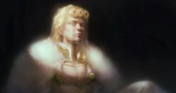 1boy blonde_hair blue_eyes cape cleavage_cutout clothing_cutout commentary dark_background earrings english_commentary fur-trimmed_cape fur_trim giorno_giovanna hearoto high_collar jacket jewelry jojo_no_kimyou_na_bouken ladybug_ornament lips long_hair male_focus pectoral_cleavage pectorals solo stud_earrings upper_body vento_aureo white_fur white_jacket wing_ornament