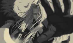 Rule 34 | 1boy, armor, black coat, black gloves, black wings, blurry, blurry foreground, chest strap, coat, commentary, english commentary, falling feathers, feathered wings, feathers, final fantasy, final fantasy vii, final fantasy vii remake, gloves, grey hair, holding, holding sword, holding weapon, jeseni, long hair, looking at viewer, male focus, masamune (ff7), monochrome, outstretched hand, parted bangs, sephiroth, shoulder armor, single wing, solo, sword, upper body, weapon, wings
