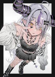 1girl absurdres ahoge alternate_costume arm_at_side black_boots black_border black_bow black_horns black_nails black_shirt black_skirt boots border bow breasts cardigan chain crop_top cropped_shirt cross demon_girl demon_horns eyes_visible_through_hair fishnets from_above grey_hair hair_between_eyes hair_bow hair_ornament hair_over_one_eye hand_up highres hololive horns jewelry la+_darknesss long_hair long_sleeves looking_at_viewer magire_(mqgire) multicolored_hair necklace open_cardigan open_clothes parted_lips pointy_ears purple_horns shirt simple_background skirt sleeves_past_wrists small_breasts solo streaked_hair striped_horns virtual_youtuber white_background white_cardigan x_hair_ornament yellow_eyes