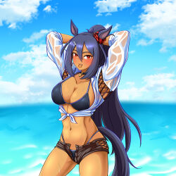 1girl absurdres alternate_costume animal_ears armpit_cutout armpits arms_up bikini black_bikini black_choker black_hair blue_sky blush breasts brown_shorts choker cleavage clothing_cutout cloud collarbone commentary_request cowboy_shot dark-skinned_female dark_skin day ear_ornament ear_scrunchie fang hair_between_eyes hair_ornament hair_tie_in_mouth hairclip highleg highleg_bikini highres hishi_amazon_(umamusume) horse_ears horse_girl horse_tail korean_commentary large_breasts long_hair looking_at_viewer mouth_hold navel obliques ocean open_fly outdoors ponytail red_eyes red_scrunchie rottenorang scrunchie shirt short_shorts shorts sidelocks sky three-quarter_sleeves solo standing stomach swimsuit tail tied_shirt tying_hair umamusume wet wet_clothes wet_shirt