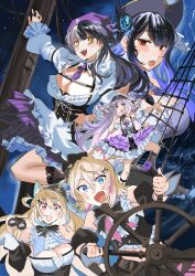 Rule 34 | 5girls, :d, absurdres, animal ear fluff, animal ears, bandana, binoculars, black bandana, black corset, black hair, black horns, blonde hair, blush, breasts, cleavage, corset, demon horns, detached wings, dog ears, dog girl, dress, frilled dress, frills, fuwawa abyssgard, hat, headscarf, highres, holding, holding binoculars, holoadvent, hololive, hololive english, horns, jewelry, koseki bijou, large breasts, layered skirt, metal wings, mini hat, mococo abyssgard, multicolored hair, multiple girls, nerissa ravencroft, official alternate costume, open mouth, pirate costume, pirate hat, puffy sleeves, purple eyes, purple hair, purple headscarf, red eyes, red lips, ring, set7, shiori novella, ship&#039;s wheel, skirt, smile, split-color hair, teeth, upper teeth only, virtual youtuber, white dress, white hair, wings, yellow eyes