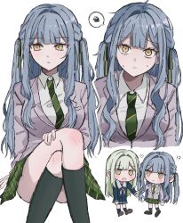 absurdres ave_mujica_(bang_dream!) bang_dream! bang_dream!_it&#039;s_mygo!!!!! chibi hair_between_eyes hair_ribbon highres layered_shirt long_hair long_sleeves looking_at_viewer mole mole_under_eye necktie pleated_skirt ribbon school_uniform simple_background skirt socks togawa_sakiko twintails wakaba_mutsumi