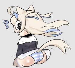Rule 34 | 1girl, ?, animal ears, arrivedcold, ass, black jacket, blonde hair, blue hairband, blue panties, blue streaks, dog ears, dog girl, dog tail, dress, fishnet thighhighs, fishnets, fuwawa abyssgard, grey background, hairband, highres, hololive, hololive english, horn hairband, jacket, long hair, open mouth, panties, simple background, solo, striped clothes, striped panties, sweat, tail, thighhighs, underwear, virtual youtuber, white dress