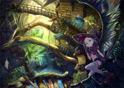 1girl animal animal_on_head ankle_boots bird bird_on_head bird_wings birdcage blue_eyes book bookshelf boots cage calligraphy_brush dark fantasy feathers flat_chest floating floating_object gloves hat hummingbird indoors lamp lantern library long_hair looking_at_viewer looking_to_the_side midriff navel necktie nest on_head original owl paintbrush prehistoric_animal pterosaur puffy_short_sleeves puffy_sleeves purple_hair rene scenery scroll short_sleeves solo stairs sunlight thighhighs tree typewriter wings witch witch_hat