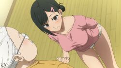 Rule 34 | 1boy, 1girl, arm behind back, black hair, brown eyes, facial hair, glasses, hair bun, hair ornament, hairclip, highres, husband and wife, indoors, keihh, mole, mole under mouth, mustache, panties, pink shirt, round eyewear, sakamoto aoi (sakamoto days), sakamoto days, sakamoto taro, shirt, single hair bun, underwear, white hair, white panties, wooden floor, yellow shirt