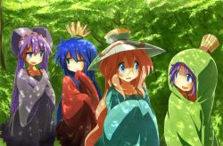 4girls amy_(zelda) beth_(poe)_(zelda) blue_eyes blue_hair cosplay green_eyes hat hiiragi_kagami hiiragi_tsukasa izumi_konata joelle_(zelda) long_hair lucky_star meg_(zelda) mole mole_under_eye multiple_girls nintendo one_eye_closed poe_(zelda) poe_sisters purple_hair siblings sisters smile smug suno-pi takara_miyuki the_legend_of_zelda the_legend_of_zelda:_ocarina_of_time twins very_long_hair wink