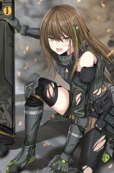 1girl ammunition_pouch assault_rifle bandana belt black_bandana black_shorts black_thighhighs bleeding blood boots breasts brown_eyes brown_hair commentary cuts detached_sleeves full_body girls&#039;_frontline gloves green_hair green_sweater grey_boots grey_gloves gun hair_between_eyes highres injury knee_pads kneeling koenza_botoke long_hair long_sidelocks looking_at_viewer m4_carbine m4a1_(girls&#039;_frontline) m4a1_(mod3)_(girls&#039;_frontline) magazine_(weapon) medium_breasts multicolored_hair open_mouth particle_cannon_case pouch ribbed_sweater rifle short_shorts shorts sidelocks skull_print sleeveless sleeveless_sweater solo streaked_hair sweater teeth thighhighs torn_clothes torn_sweater torn_thighhighs upper_teeth_only weapon