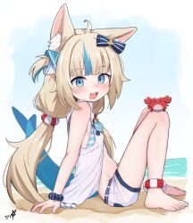 1girl :3 absurdres animal_ear_fluff animal_ears barefoot blonde_hair blue_eyes blue_hair blue_nails boppin commentary crab fins fish_tail flat_chest from_side highres indie_virtual_youtuber knees_up long_hair looking_at_viewer low_twintails multicolored_hair nail_polish open_mouth sameko_saba scrunchie shark_tail short_shorts shorts sitting solo streaked_hair tail teeth toenail_polish toenails toes twintails two-tone_hair upper_teeth_only virtual_youtuber white_shorts wrist_scrunchie