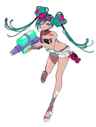 1girl aqua_eyes aqua_hair chest_tattoo company_name double_bun eyewear_on_head full_body goodsmile_racing hair_bun hatsune_miku holding holding_water_gun leg_tattoo logo long_hair looking_at_viewer mochizuki_kei multicolored_hair official_art one_eye_closed overall_shorts overalls pink_hair racing_miku racing_miku_(2025) red_nails sandals second-party_source simple_background smile solo spaghetti_strap spotted_hair sticker_on_leg sunglasses tan tattoo twintails two-tone_hair vocaloid water_gun white_background white_overalls white_sandals x-shaped_eyewear