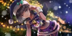 Rule 34 | 1girl, bell, bent over, black hair, black wings, blue hat, blue reflection (series), blue reflection sun, blue skirt, bow, breasts, breath, christmas, christmas lights, cleavage, closed mouth, crop top, diffraction spikes, fake wings, fur-trimmed headwear, fur-trimmed skirt, fur trim, game cg, grey eyes, hand in own hair, hand up, hat, hat ornament, highres, holly hat ornament, kishida mel, komagawa uta, looking at viewer, medium breasts, navel, neck bell, night, night sky, non-web source, official art, pantyhose, purple bow, purple pantyhose, santa hat, short hair, skirt, sky, smile, snowflakes, snowing, solo, sparkle, striped bow, white wrist cuffs, wings, wrist cuffs