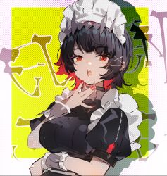 1girl apron arm_under_breasts black_hair breasts ellen_joe frilled_apron frilled_wrist_cuffs frills hair_ornament highres large_breasts maid maid_apron maid_headdress mole mole_under_eye open_mouth puffy_short_sleeves puffy_sleeves red_eyes red_hair red_nails shark_girl sharp_teeth short_hair short_sleeves solo teeth upper_body wrist_cuffs zenless_zone_zero zishengtian123