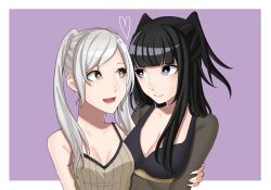 Rule 34 | 2girls, ao saryaruhu, armpit crease, arms at sides, bare shoulders, black bra, black eyes, black hair, bodysuit, bra, breasts, brown eyes, cleavage, collarbone, couple, eye contact, eyelashes, female focus, fire emblem, fire emblem awakening, happy, heart, height difference, highres, hime cut, hug, large breasts, long hair, looking at another, matching hair/eyes, medium breasts, multiple girls, neck, nintendo, no coat, no gloves, no headwear, no neckwear, purple background, robin (female) (fire emblem), robin (fire emblem), see-through bodysuit, see-through clothes, shirt, short twintails, shy, sidelocks, sleeveless, sleeveless shirt, standing, swept bangs, tharja (fire emblem), twintails, underwear, upper body, white hair, yuri