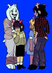 1boy 1other 2girls absurdres androgynous animal_ears antlers asriel_dreemurr black_eyes black_hair black_shoes black_shorts blonde_hair blue_background blue_dress braid brown_coat brown_hair checkered_clothes checkered_shirt coat colored_skin commentary_request december_holiday deer_antlers deer_ears deer_girl deer_tail deltarune denim dress fangs finger_sucking from_behind furry furry_female furry_male goat_boy goat_ears goat_horns goat_tail green_sweater hand_on_another&#039;s_shoulder highres hooves horns jeans kris_(deltarune) multiple_girls no_eyes no_shoes noelle_holiday open_mouth pants red_shirt reindeer_girl shaded_face shirt shoes short_hair short_sleeves shorts simple_background skin_fangs smile socks striped_clothes striped_sweater sweater tail uranagi_(uranaginasi) white_fur white_horns white_socks yellow_skin