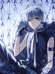 Rule 34 | 1boy, arm strap, beads, belt, black gloves, black pants, black shirt, blue eyes, commentary request, earrings, gloves, grey belt, grey hair, hair between eyes, hand up, highres, jewelry, male focus, matsunaka hiro, neck ribbon, original, pants, redrawn, ribbon, shirt, short hair, sitting, sleeveless, sleeveless shirt, solo, white ribbon