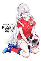 1girl 2018_fifa_world_cup adidas anastasia_(fate) bad_id bad_twitter_id ball blue_eyes blurry clothes_writing commentary_request depth_of_field fate/grand_order fate_(series) female_focus grey_hair hair_spread_out hairband kinosuke_(sositeimanoga) kneehighs kneeling long_hair looking_at_viewer original red_shirt russia shirt shoes shorts sitting sneakers soccer soccer_ball soccer_uniform socks solo sportswear telstar_18 white_background world_cup