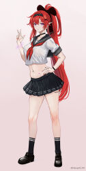 black_choker black_hairband black_sailor_collar black_skirt choker ear_piercing hair_ribbon hairband haruyuki_(karem) heart highres long_hair miniskirt mole mole_on_arm multiple_piercings navel navel_piercing neckerchief piercing pleated_skirt pointy_ears ponytail purple_eyes red_hair red_nails red_neckerchief ribbon sailor_collar school_uniform skirt tacet_mark_(wuthering_waves) very_long_hair wuthering_waves yinlin_(wuthering_waves)