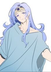 1boy ajpp6 androgynous aqua_robe blue_eyes blue_gemstone blue_hair circlet collarbone commentary_request dragon_quest dragon_quest_iii earrings gem gold_circlet head_tilt highres jewelry long_hair male_focus sage_(dq3) solo upper_body white_background