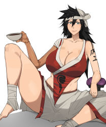 1girl arm_tattoo bandaged_head bandages black_hair bleach breasts collarbone dr_octojuice female_focus large_breasts lips looking_at_viewer shiba_kuukaku simple_background sitting tattoo white_background
