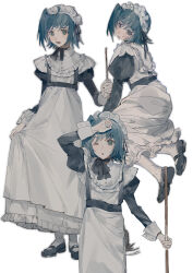 1boy ;o absurdres ahoge alternate_costume apron black_bow black_bowtie black_ribbon black_shoes black_sleeves blue_eyes blue_hair bow bowtie broom buttons cardfight!!_vanguard collared_shirt commentary_request cowboy_shot crossdressing crossdressing_(mtf) dress enmaided frilled_dress frills full_body hair_ribbon highres holding holding_broom juliet_sleeves kneeling long_dress long_sleeves looking_at_viewer looking_back maid maid_headdress male_focus mary_janes medium_hair morgue_(southsakura) multiple_views one_eye_closed one_side_up open_mouth pantyhose puffy_sleeves ribbon sendou_aichi shirt shirt_under_dress shoes simple_background skirt_hold sleeve_cuffs sweatdrop swept_bangs white_apron white_background white_dress white_pantyhose white_shirt white_sleeve_cuffs wiping_sweat