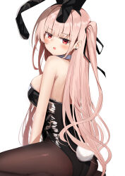 1girl absurdres animal_ear_hairband animal_ears ass black_leotard black_pantyhose blunt_bangs breasts detached_collar fake_animal_ears from_behind hair_ribbon hairband highres large_breasts leotard looking_at_viewer nodoameyatou one_side_up original pantyhose pink_hair playboy_bunny rabbit_ears rabbit_tail red_eyes ribbon simple_background sitting solo strapless strapless_leotard tail white_background wrist_cuffs