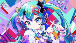 1girl aqua_hair aqua_nails blush colorful hair_between_eyes hair_ornament hatsune_miku headphones highres jacket multicolored_background multicolored_eyes pout shachi_no_maru signature solo tears twintails vocaloid white_jacket x x_fingers x_hair_ornament zipper