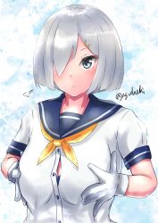 Rule 34 | 1girl, absurdres, agodashi, black bra, blue eyes, blush, bra, breasts, gloves, grey hair, hair ornament, hair over one eye, hairclip, hamakaze (kancolle), highres, kantai collection, large breasts, looking at viewer, neckerchief, school uniform, serafuku, short hair, short sleeves, solo, underwear, upper body, white background, white gloves