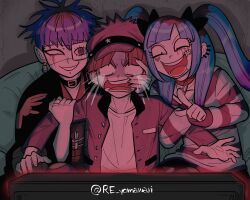Rule 34 | 1girl, 2boys, amemiya darumi, black choker, black hair, black haori, blue hair, bow, choker, collar, couch, crying, crying with eyes open, earrings, eye print, eyepatch, face piercing, facial mark, furukawa (yomawari), grin, hair bow, hand on another&#039;s face, haori, hat, heart, heart facial mark, highres, holding another&#039;s arm, indoors, jacket, japanese clothes, jewelry, kimono, labret piercing, long hair, looking at object, makeup, maruko gaku, multicolored hair, multiple boys, omokage yugamu, on couch, open mouth, piercing, pink eyes, pointing, pointing at object, print eyepatch, red collar, runny makeup, shaded face, shirt, short hair, small pupils, smile, striped clothes, tears, the hundred line -last defense academy-, trapped, twintails, twitter username, watching television, white shirt, wide-eyed