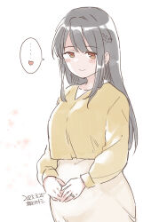 ... 1girl alternate_costume artist_name black_hair commentary_request cowboy_shot dated fusou_(kancolle) hands_on_own_stomach highres jewelry kantai_collection kirisawa_juuzou long_hair pregnant red_eyes ring shirt skirt solo spoken_ellipsis wedding_ring white_skirt yellow_shirt