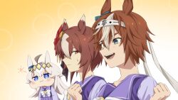 3girls ahoge animal_ears bamboo_memory_(umamusume) blue_eyes bow bowtie chibi closed_mouth ear_bow green_eyes grey_hair hachimaki hair_between_eyes headband highres horse_ears long_hair multicolored_hair multiple_girls oguri_cap_(umamusume) open_mouth orange_eyes pinwheel_hair_ornament puffy_cheeks purple_shirt sailor_collar school_uniform shirt short_hair smile streaked_hair sweatdrop teeth tracen_school_uniform umamusume umamusume:_cinderella_gray upper_body yaeno_muteki_(umamusume) yangmal_(uma_red_sheep)