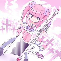 1girl animal axe binoculars black_eyes black_footwear blunt_bangs bow expressionless ezaki_bisuko fingerless_gloves gloves graveyard hair_bow hand_on_own_hip heart hexagram holding holding_axe holding_binoculars jewelry menhera-chan_(ezaki_bisuko) menhera-chan_(ezaki_bisuko)_(character) necklace pink_hair pink_sailor_collar pink_skirt pink_sky pink_theme pleated_skirt purple_bow purple_gloves rabbit sailor_collar school_uniform self-harm_scar serafuku short_twintails skirt sky socks solo star_of_david tombstone twintails usatan_(ezaki_bisuko) white_serafuku white_socks yami_kawaii