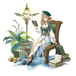 1girl akademiya_uniform beret black_shoes book book_stack bookmark braid brown_hair chair dress genshin_impact gold_ring gold_thighlet gold_trim green_dress green_eyes green_hat hair_between_eyes hand_up hat head_tilt high_heels highres holding holding_book jewelry lamp lisa_(a_sobriquet_under_shade)_(genshin_impact) lisa_(genshin_impact) long_hair long_sleeves looking_at_viewer low_twin_braids neck_ring necklace official_alternate_costume official_art on_chair open_book paper parted_lips pelvic_curtain plant puffy_long_sleeves puffy_sleeves ring scroll shoes sitting smile solo thighlet transparent_background twin_braids vase vision_(genshin_impact) white_dress