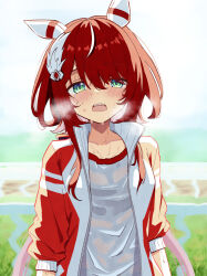 Rule 34 | 1girl, blurry, blurry background, blush, collarbone, commentary request, green eyes, hair between eyes, hair ornament, jacket, long hair, looking at viewer, open mouth, red hair, shiroiro en, solo, sweat, track jacket, umamusume, very sweaty, win variation (umamusume)