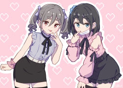 2girls :p amamiya_satsuki_(mono) black_hair black_skirt blue_eyes blush clothing_cutout commentary_request earrings frilled_shirt frills grey_hair hair_between_eyes hair_ornament hair_ribbon hair_scrunchie hand_to_own_mouth heart heart_background highres jewelry jirai_kei kafka963 kiriyama_an leaning_forward looking_at_viewer mask mask_pull mono_(afro) mouth_mask multiple_earrings multiple_girls neck_ribbon one_side_up outline pink_background pink_shirt pixel_heart red_eyes ribbon scrunchie shirt shoulder_cutout sidelocks skirt sleeveless sleeveless_shirt thick_eyebrows thighhighs tongue tongue_out twintails white_outline zettai_ryouiki