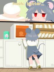 1girl animal_ears blush_stickers brown_footwear cirno cirno_(cookie) commentary_request cookie_(touhou) cup cupboard dated dish_rack dress empty_eyes english_text food full_body grey_hair highres indoors itini-sanshi kitchen kofji_(cookie) loafers long_sleeves microwave mochi mouse_ears mouse_girl mouse_tail nazrin no_lineart open_mouth panties pantyshot plate red_eyes shirt shoes short_hair sleeveless sleeveless_dress socks standing tail touhou underwear white_panties white_shirt white_socks
