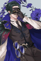 1boy belt bird_mask black_belt black_gloves black_necktie brown_vest cape dire_crowley gloves grey_lips highres keyring male_focus mask minatoya_mozuku necktie parted_lips pointy_ears shirt short_hair solo twisted_wonderland vest white_shirt