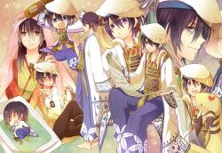 alcohol ampharos armor beret black_hair bottle chibi coat creatures_(company) dango food futon game_freak gen_2_pokemon hair_between_eyes hakama hakama_pants hat holding holding_pokemon japanese_clothes long_bangs magatama nintendo pants pokemon pokemon_(creature) pokemon_conquest purple_eyes sake sake_bottle scroll sengoku_musou sleeping sleeves_past_fingers sleeves_past_wrists smile takenaka_hanbee_(sengoku_musou) takenaka_hanbei tassel wagashi