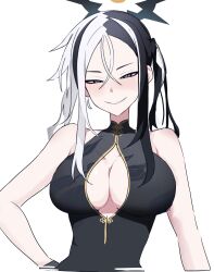 1girl black_dress blue_archive breasts china_dress chinese_clothes dress grin halo kai_(blue_archive) large_breasts looking_at_viewer multicolored_hair saiun_sigma simple_background smile solo twitter two-tone_hair upper_body white_background