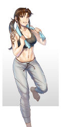 1girl azasuke barefoot black_lagoon black_tank_top breasts brown_eyes brown_hair cleavage collarbone commentary drawstring highres large_breasts looking_to_the_side navel panties pants panty_peek ponytail revy_(black_lagoon) sidelocks smile solo sports_bra sportswear sweat sweatpants tank_top tattoo teeth towel tribal_tattoo underwear wet wet_clothes