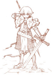 1boy aged_down asymmetrical_dual_wielding bad_id boots capelet closed_mouth commentary_request dual_wielding full_body greyscale holding holding_polearm holding_sword holding_weapon lala_(sputnik) looking_at_viewer male_focus monochrome polearm ragnarok_online seyren_windsor short_hair smile solo spear standing sword swordsman_(ragnarok_online) tunic weapon