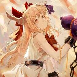 1girl bare_arms belt black_belt blonde_hair blush bow bowtie breasts brown_eyes chain closed_mouth commentary cuffs gourd hair_bow hand_up hayaten holding holding_gourd horn_ornament horn_ribbon horns ibuki_suika long_hair looking_at_viewer red_bow red_bowtie ribbon shackles shirt sideboob sleeveless sleeveless_shirt solo torn_clothes torn_sleeves touhou upper_body very_long_hair white_shirt