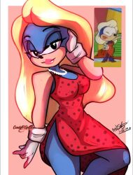 Rule 34 | artist name, bare shoulders, blonde hair, blue fur, breasts, dress, genderswap, genderswap (mtf), gloves, hand in own hair, jewelry, large breasts, lipstick, long hair, looking at viewer, makeup, necklace, pearl necklace, pink lipstick tube, red dress, reference inset, screenshot inset, short dress, sonic (series), sonic the hedgehog (classic), sonic the hedgehog (satam), white gloves