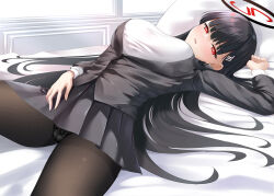 Rule 34 | 1girl, black hair, black halo, black jacket, black panties, black pantyhose, black skirt, blue archive, blunt bangs, blush, breasts, c.u.wa, cameltoe, commentary, dutch angle, eyelashes, fine fabric emphasis, hair ornament, hair spread out, hairclip, halo, hand on own hip, highres, indoors, jacket, large breasts, long hair, long sleeves, looking at viewer, lying, miniskirt, multicolored halo, on back, on bed, open mouth, panties, panties under pantyhose, pantyhose, pillow, pink pupils, pleated skirt, red eyes, red halo, ringed eyes, rio (blue archive), shirt, skirt, solo, thighs, tsurime, two-tone halo, underwear, very long hair, white shirt