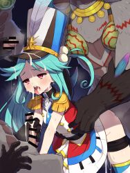 1girl 3boys aqua_hair bar_censor beball_(megido72) bike_shorts bike_shorts_pull censored chiwino clenched_teeth clothed_sex cum cum_on_body cum_on_clothes cum_overflow epaulettes facial furry furry_male furry_with_non-furry gangbang group_sex hat highres interspecies long_hair megido72 multiple_boys penis petite pink_eyes rape sex sex_from_behind tearing_up teeth tongue tongue_out top_hat torso_grab