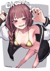 1girl absurdres alcohol arms_up aster_drawing bikini black_nails blush bocchi_the_rock! bottle braid breasts cleavage collarbone drunk english_text gold_bikini golden_week hair_over_shoulder highres hiroi_kikuri holding holding_bottle jacket long_hair looking_at_viewer medium_breasts multicolored_jacket navel open_mouth purple_eyes purple_hair sharp_teeth shiny_swimsuit simple_background single_braid smile solo stomach swimsuit teeth white_background yellow_bikini