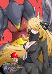 1girl absurdres alternate_eye_color black_coat black_nails black_pants black_shirt blonde_hair blue_eyes breasts cleavage coat cynthia_(pokemon) floating_hair fur-trimmed_sleeves fur_collar fur_trim garchomp gen_4_pokemon hair_ornament hair_over_one_eye highres holding holding_poke_ball large_breasts long_hair looking_at_viewer nintendo pants poke_ball poke_ball_(basic) pokemon pokemon_(creature) pokemon_dppt purple_lips red_background sawa_d shirt simple_background very_long_hair