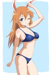 Rule 34 | 1girl, animal ears, bikini, blue bikini, blue eyes, breasts, charlotte e. yeager, cleavage, closed mouth, highres, large breasts, long hair, looking at viewer, navel, nineketwo, one eye closed, orange hair, rabbit ears, rabbit tail, simple background, smile, solo, strike witches, swimsuit, tail, world witches series
