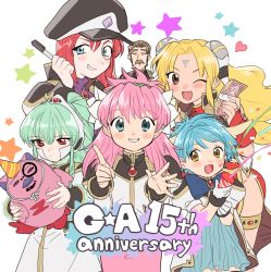 00s 1boy 5girls anniversary blonde_hair blue_eyes blue_hair blush brown_eyes brown_hair china_dress chinese_clothes dress drill_hair forte_stollen galaxy_angel green_eyes green_hair hair_intakes hakinikui_kutsu_no_mise happy hat heart highres long_hair looking_at_viewer marker milfeulle_sakuraba mint_blancmanche money monocle multiple_girls normad party_popper peaked_cap pink_hair ponytail puffy_sleeves ranpha_franboise red_eyes red_hair simple_background smile star_(symbol) thigh_strap uniform vanilla_h volcott_o&#039;huey white_background wink yellow_eyes