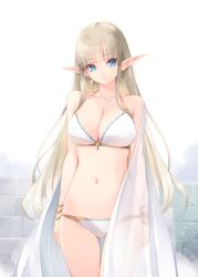 1girl bangle bikini blonde_hair blue_eyes bracelet breasts cape cleavage collarbone commentary_request earrings elf gold gold_earrings jewelry kirishima_satoshi large_breasts light_smile long_hair navel original pointy_ears see-through_cape solo stone_wall swimsuit very_long_hair white_bikini