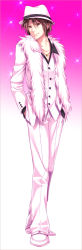 Rule 34 | 1boy, brown eyes, brown hair, fabulous, feather boa, formal clothes, hat, hatori piyoko, koizumi itsuki, male focus, ono daisuke, oono daisuke, voice actor connection, short hair, solo, suit, suzumiya haruhi no yuuutsu